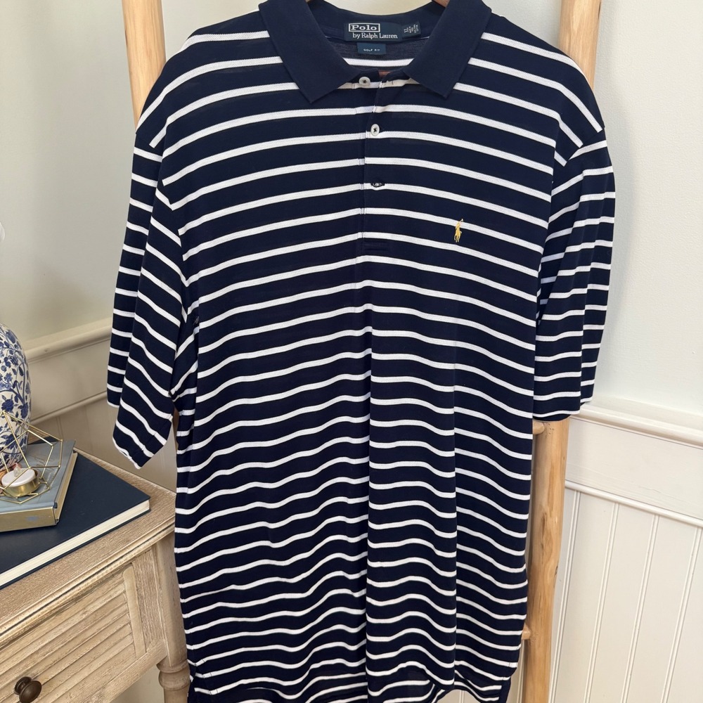 Polo Ralph Lauren Mens XL Navy White Striped Pima Cotton Golf Fit Polo Shirt